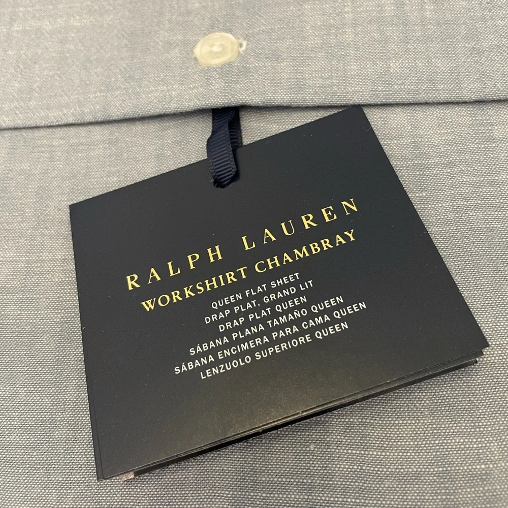 Ralph Lauren Queen Flat Sheet Workshirt Chambray in Blue NEW MSRP $215